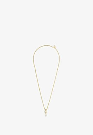 Guldtonad halsband med en delikat kedja och ett cirkulärt hänge som har en pärla. Designen är enkel och elegant, med minimal hårdvara.