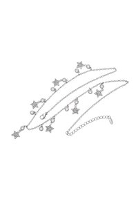 Colier cu lanț argintiu, cu ornamente sub formă de stea și rotunde, având cristale transparente și închizătoare tip homar. Lungime reglabilă cu extensie de lanț.