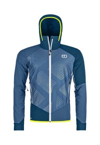 Navy blue athletic jacket with a textured geometric pattern, zippered front, adjustable hood, and neon yellow accents. Features side pockets.