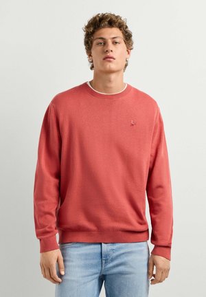 Joven con cabello rizado de pie mirando hacia adelante, vistiendo un suéter coral y jeans azul claro contra un fondo liso.
