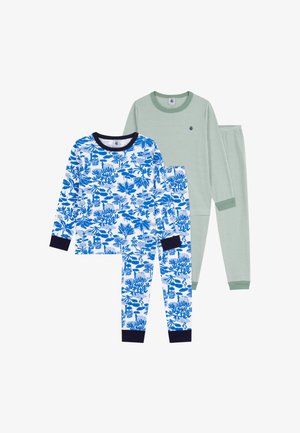 Baumwoll-Pyjama-Set mit zwei Designs: eines mit einem blauen Blumenmuster auf weißem Hintergrund, das andere in hellgrün mit feinen Streifen.