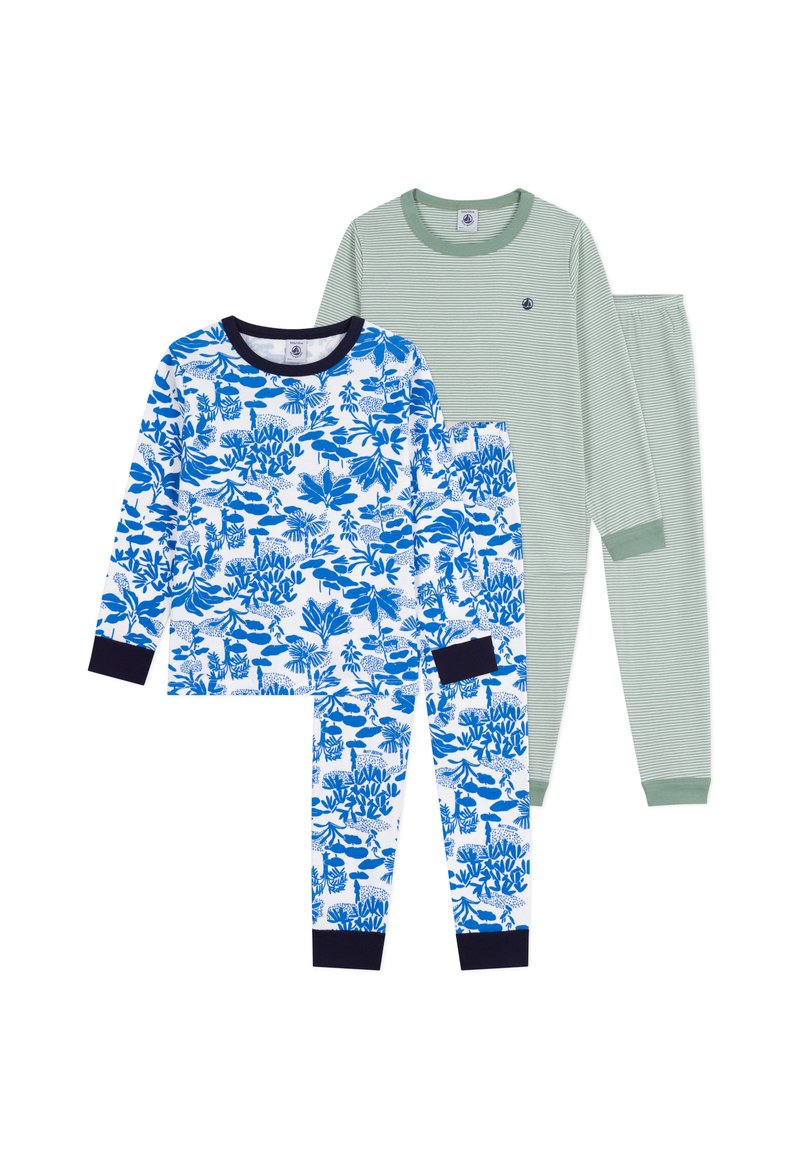 Katoenen pyjama set met twee ontwerpen: één met een blauw bloemenpatroon op een witte achtergrond, één in lichtgroen met dunne strepen.
