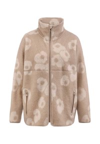 Beige fleece jas met hoge kraag, front rits, ritszakken aan de zijkant en lichtgekleurde abstracte bloemmotieven.