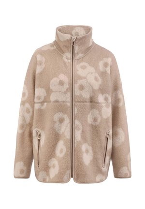Giacca in pile beige con colletto alto, zip frontale, tasche laterali con zip e motivi floreali astratti in tonalità chiare.