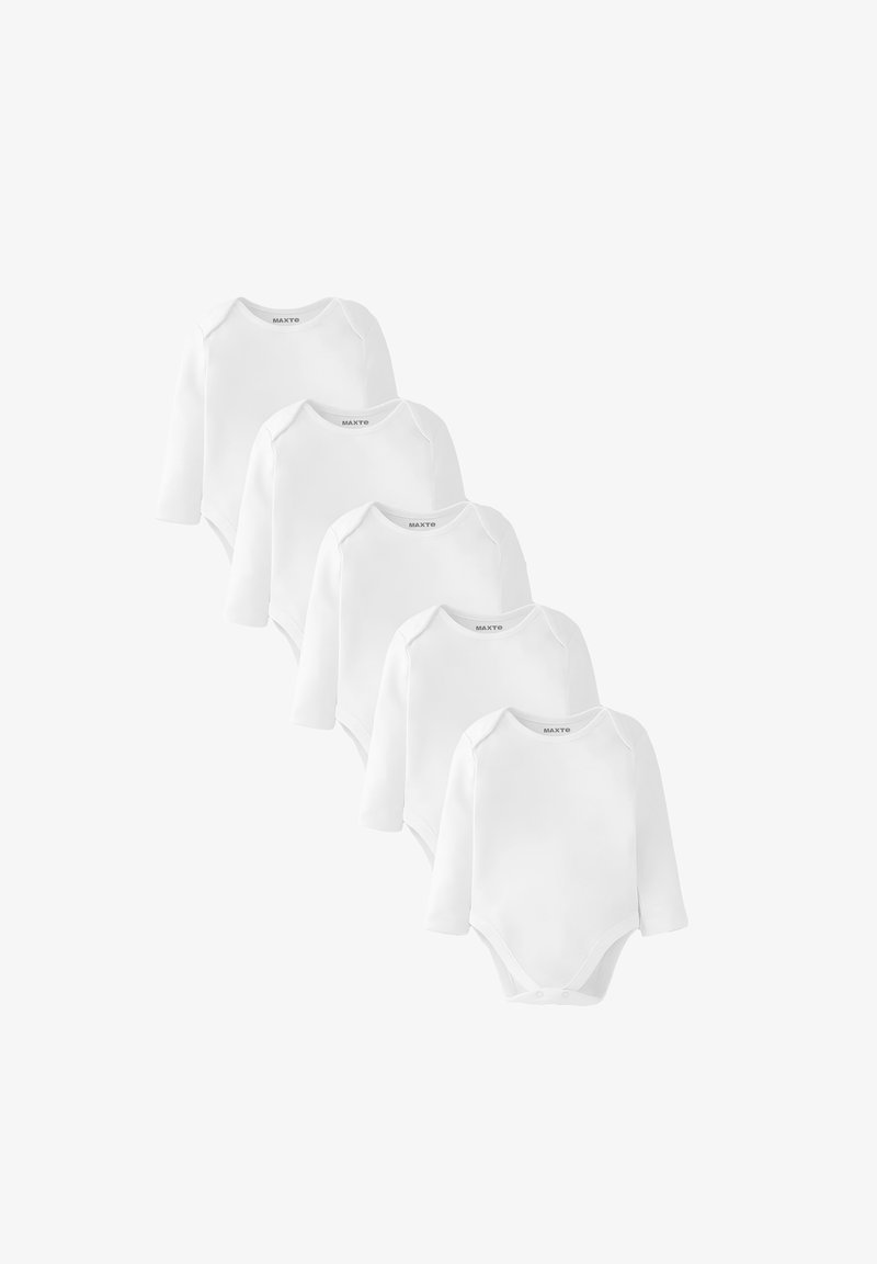 Set di cinque body per neonati a manica lunga bianchi, realizzati in tessuto morbido, con scollature tonde e chiusure a pressione sul fondo.