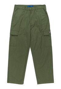 Zelené cargo nohavice so straight fit strihom, viacerými bočnými vreckami a zapínaním na zips. Vyrobené z odolnej bavlnenej tkaniny. Obsahujú značkovú etiketu.