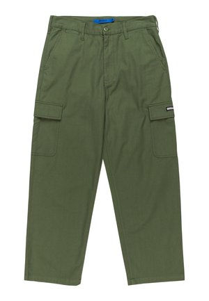Zelené cargo nohavice so straight fit strihom, viacerými bočnými vreckami a zapínaním na zips. Vyrobené z odolnej bavlnenej tkaniny. Obsahujú značkovú etiketu.