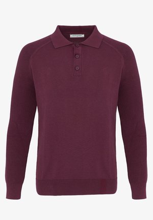 Maglione polo in maglia color bordeaux a maniche lunghe con abbottonatura a tre bottoni e polsini e orlo a coste.