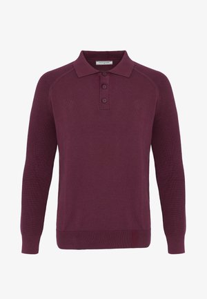 Maglione polo in maglia color bordeaux a maniche lunghe con abbottonatura a tre bottoni e polsini e orlo a coste.