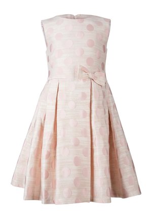 Ärmelloses, blassrosa Kleid mit großen Tupfen, plissiertem Rock und einer kleinen Schleife an der Taille auf der rechten Seite.