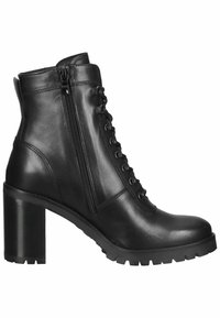 Bottines en cuir noir avec un talon épais, un devant à lacets, une fermeture éclair sur le côté, une semelle texturée et une finition lisse. Ne présente aucun motif ou accent notable.