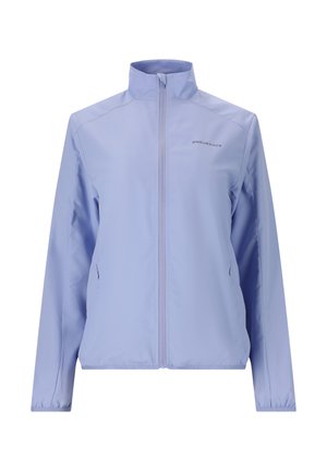 Light blue lightweight jacket with a stand collar, full zip front, and side pockets. Smooth, synthetic fabric with subtle branding on chest.