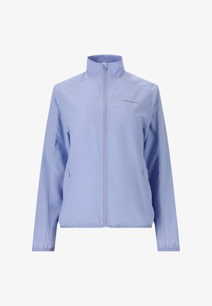 Light blue lightweight jacket with a stand collar, full zip front, and side pockets. Smooth, synthetic fabric with subtle branding on chest.