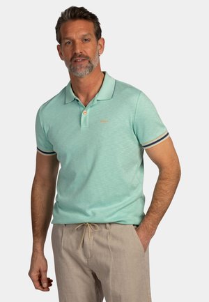 Man draagt een lichtgroene polo met gestreepte mouwboorden en beige broek met trekkoord, staat met één hand in de zak.