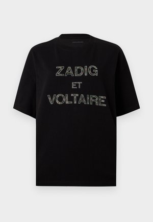 T-shirt nera a maniche corte con la scritta "ZADIG ET VOLTAIRE" formata da strass multicolori sul petto.