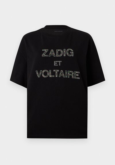Μαύρο κοντομάνικο μπλουζάκι με το κείμενο «ZADIG ET VOLTAIRE» γραμμένο με πολύχρωμες στρας στο ύψος του στήθους.