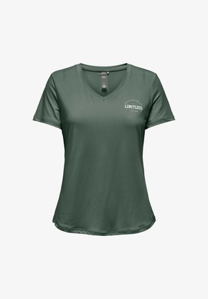 Grünes V-Ausschnitt-T-Shirt aus glattem Stoff. Verfügt über kurze Ärmel und ein aufgedrucktes Logo auf der linken Brust. Klassischer, lockerer Schnitt.