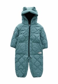 Teal gewatteerde eendelige sneeuwoverall met een capuchon, voorzien van berenoren, een rits aan de voorkant en twee voorzakken. Zachte, gevoerde stof met een gladde textuur.