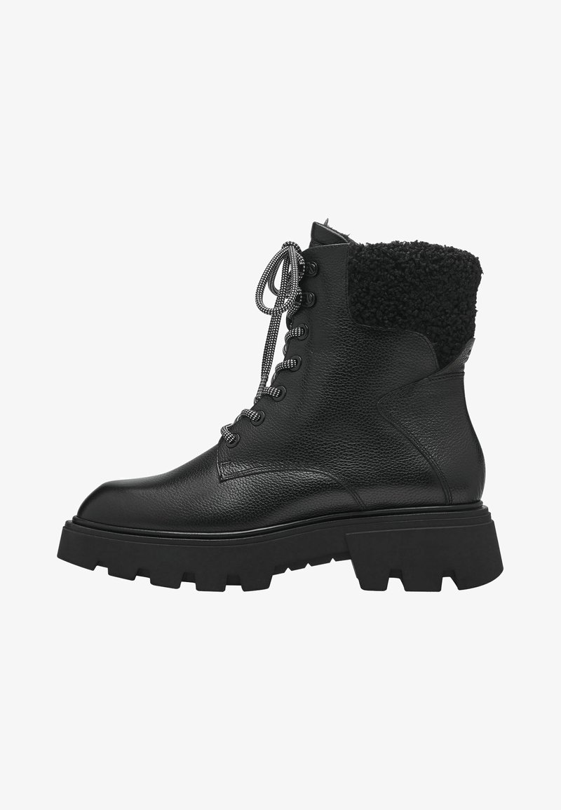 Black leather ankle boots with textured finish, chunky rubber sole, and a fuzzy black collar, featuring round laces and metal eyelets.