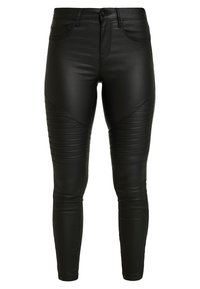 Pantalons en simili cuir noir avec un design ajusté, des accents côtelés sur les cuisses et un style classique à cinq poches avec une fermeture à bouton à l'avant.