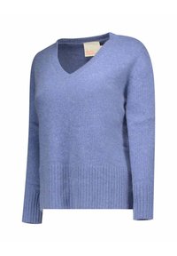 Maglione di cashmere azzurro chiaro con scollo a V, maniche lunghe e polsini e orlo a coste.