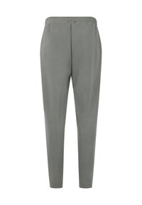 Grijze taps toelopende broek met een elastische tailleband. Gemaakt van zachte, gladde stof. Heeft een eenvoudig, strak ontwerp zonder zakken of zichtbare naden.
