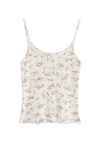 Vit blommig mönster cami med tunna axelband, med en texturerad ribbad design och en volangkant. Blommorna är i rosa och beige toner.