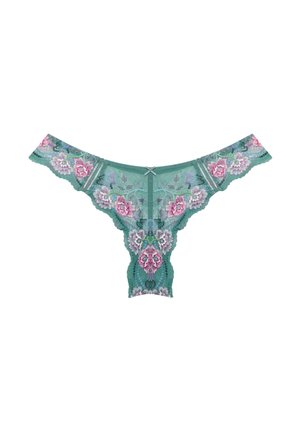 Green lace thong underwear with pink and purple floral embroidery and a small central bow on a white background.