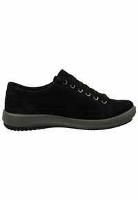 Black suede sneaker with round toe, metal eyelets, laces, and a textured grey rubber sole. Features subtle stitching accents.