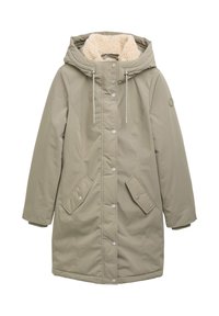 Leichtes olivgrünes Parka mit Kapuze, ausgestattet mit einem weichen, fauxpelzgefütterten Innenfutter, vorderen Druckknöpfen, seitlichen Taschen und elastischen Ärmelsäumen.