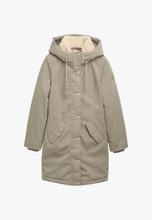 Leichtes olivgrünes Parka mit Kapuze, ausgestattet mit einem weichen, fauxpelzgefütterten Innenfutter, vorderen Druckknöpfen, seitlichen Taschen und elastischen Ärmelsäumen.