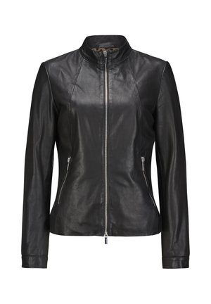 Schwarze Lederjacke mit hohem Kragen, Reißverschluss vorne und zwei seitlichen Taschen. Besitzt ein körperbetontes Design und eine glatte Textur.