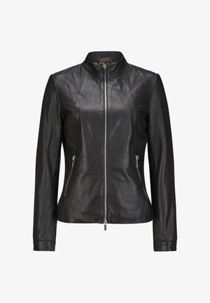 Schwarze Lederjacke mit hohem Kragen, Reißverschluss vorne und zwei seitlichen Taschen. Besitzt ein körperbetontes Design und eine glatte Textur.