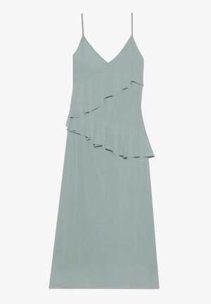 Hellblaues ärmelloses Kleid mit einem schichtweisen Rüschendesign, geradem Saum und dünnen Trägern, gefertigt aus einem glatten, leichten Stoff.