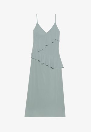 Hellblaues ärmelloses Kleid mit einem schichtweisen Rüschendesign, geradem Saum und dünnen Trägern, gefertigt aus einem glatten, leichten Stoff.