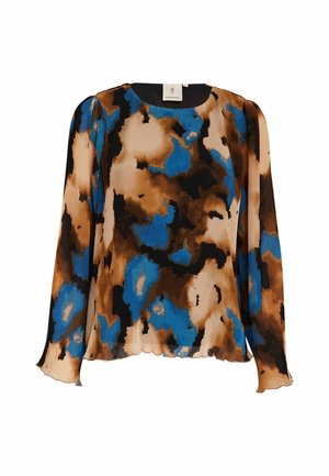 Langsleeve blouse in een veelkleurig abstract patroon van blauw, bruin en zwart. Geplooide textuur met een ronde halslijn en golvende zoom.