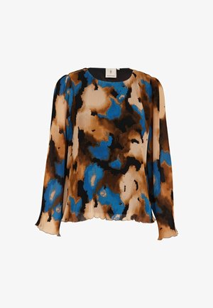Dlhý rukáv blúzky v mnohobarevnom abstraktnom vzore modrej, hnedej a čiernej farby. Prešívaná textúra s okrúhlym výstrihom a vlnkovým lemom.