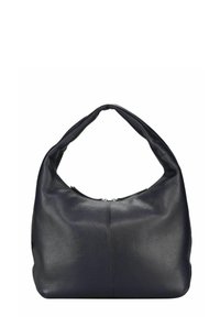 Sac hobo en cuir noir à la forme courbée et souple, avec une bandoulière large et plate. Il est doté d'une fermeture éclair sur le dessus et d'une surface texturée.