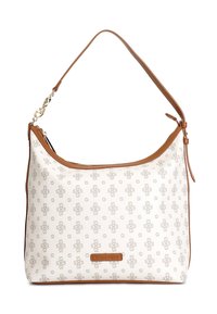 Bílá látková taška přes rameno s hnědými koženými akcenty, s opakujícím se vzorem světle hnědého loga a zlatým zipem.