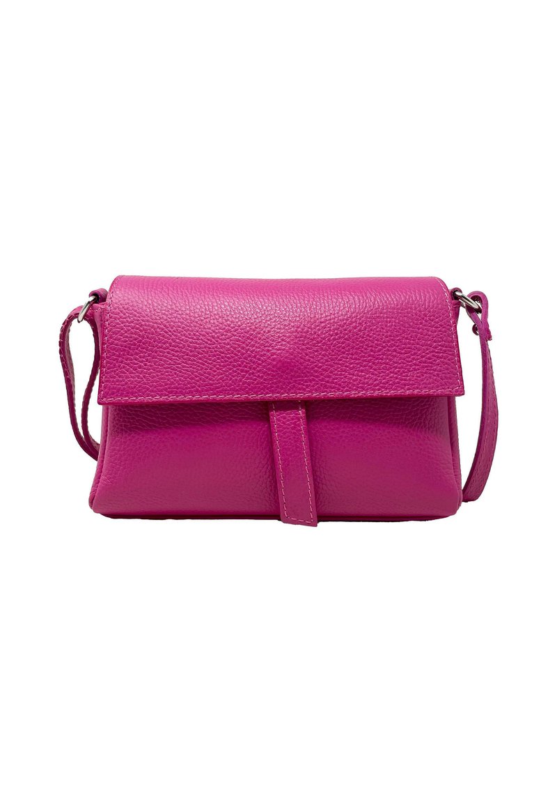 Borsa a tracolla in pelle di un vivace rosa. Forma rettangolare con chiusura a patta, dotata di una tracolla e superficie leggermente textured.