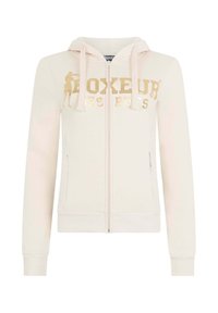 Kapuzensweatshirt zum Reißverschluss in weichem cremefarbenem Stoff, mit goldfarbenem Aufdruck von Text und Grafiken. Es verfügt über eine Kapuze mit Kordelzug sowie gerippte Bündchen und Saum.