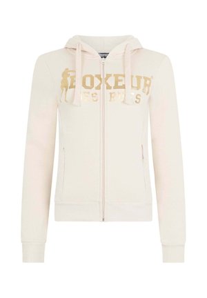 Kapuzensweatshirt zum Reißverschluss in weichem cremefarbenem Stoff, mit goldfarbenem Aufdruck von Text und Grafiken. Es verfügt über eine Kapuze mit Kordelzug sowie gerippte Bündchen und Saum.