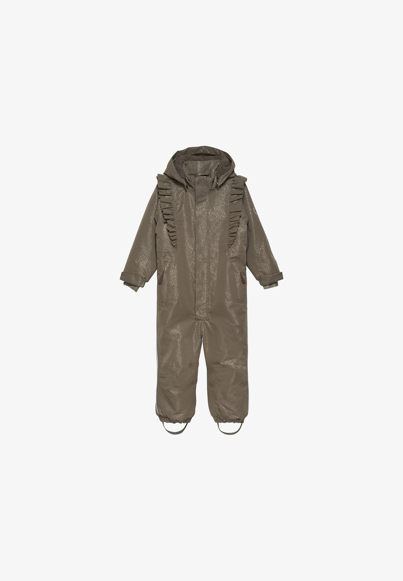 Olivengrön regnjacka med en skrynklig yta, prydnad fram, justerbara ärmar och förstärkta fotremmar för stabilitet.