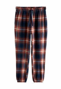 Plaid pants in navy, rust, and cream with an elastic waistband and adjustable drawstring. Tapered cuffs at the ankles enhance fit.