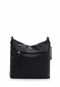 Black leather shoulder bag with a pebbled texture, featuring a zippered front pocket and silver hardware accents. Relaxed, slouchy shape.
