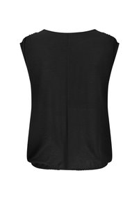 Blouse noire sans manches avec un col arrondi et un ourlet froncé, vue de dos.