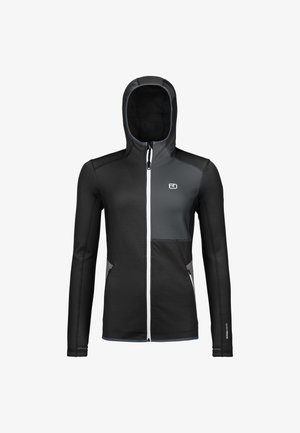 Black hooded jacket made from soft fabric, featuring a front zipper, light gray accents, and side pockets. Logo displayed on chest.