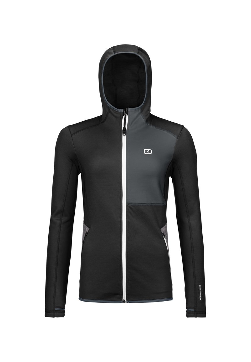 Schwarze Kapuzenjacke aus weichem Stoff, mit einem frontalen Reißverschluss, hellgrauen Akzenten und seitlichen Taschen. Logo auf der Brust.