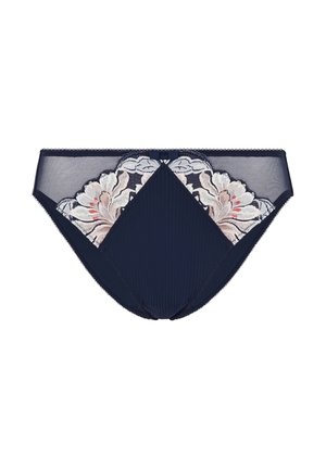 Sous-vêtements bleu marine présentant une texture côtel ée, des accents en dentelle florale aux couleurs douces, et une bordure festonnée le long des bords.