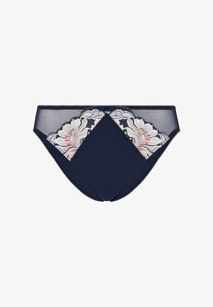 Biancheria intima blu navy con texture a coste, dettagli in pizzo floreale dai colori tenui e bordi smerlati lungo i margini.